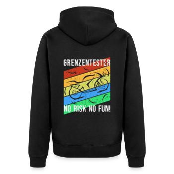 Grenzentester No Risk No Fun Motorradfahrer Biker - Unisex Premium Bio Zip Hoodie - Schwarz - Hinten - Nico (187cm)
