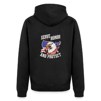 4. Juli Polizist dient Ehre und Schutz - Unisex Premium Bio Zip Hoodie - Schwarz - Hinten - Nico (187cm)