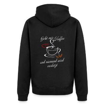 Gebt mir Kaffee und niemand wird verletzt - Unisex Premium Bio Zip Hoodie - Schwarz - Hinten - Nico (187cm)