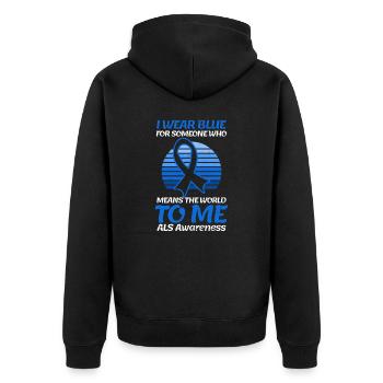 Als Awarenesss Wear Blue Someone World For Me - Unisex Premium Bio Zip Hoodie - Schwarz - Hinten - Nico (187cm)