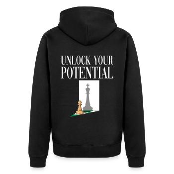 Unlock Your Potential für einen Schachspieler - Unisex Premium Bio Zip Hoodie - Schwarz - Hinten - Nico (187cm)