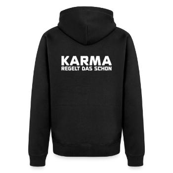 Karma regelt das schon Schicksal Gerechtigkeit - Unisex Premium Bio Zip Hoodie - Schwarz - Hinten - Nico (187cm)