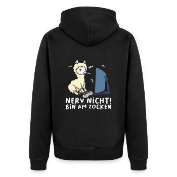 Bin am Zocken Gaming Lama - Unisex Premium Bio Zip Hoodie - Schwarz - Hinten - Nico (187cm)