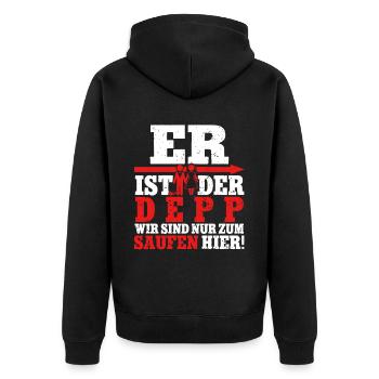 Er ist der Depp wir sind nur zum saufen hier - Unisex Premium Bio Zip Hoodie - Schwarz - Hinten - Nico (187cm)