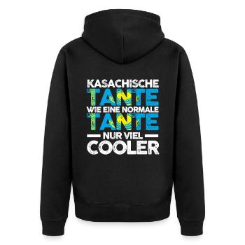 Kasachin Tante Kasachstan - Unisex Premium Bio Zip Hoodie - Schwarz - Hinten - Nico (187cm)