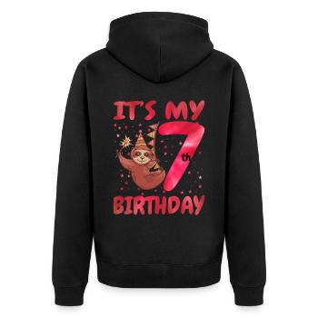 7th Birthday Cute Sloth Party Hut Themed Birthday - Unisex Premium Organic Zip Hoodie - black - Back - Nico (187cm)