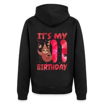 11th Birthday Cute Sloth Party Hat - Unisex Premium Organic Zip Hoodie - black - Back - Nico (187cm)