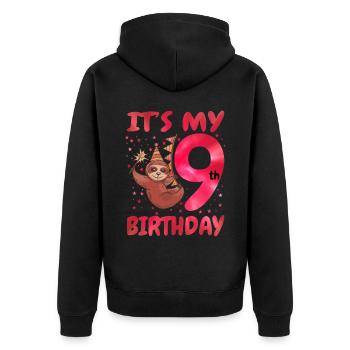 9th Birthday Cute Sloth Party Hat Theme - Unisex Premium Organic Zip Hoodie - black - Back - Nico (187cm)