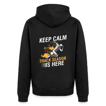 Leichtathletik Maßband Feldschuhe Track Season - Unisex Premium Bio Zip Hoodie - Schwarz - Hinten - Nico (187cm)