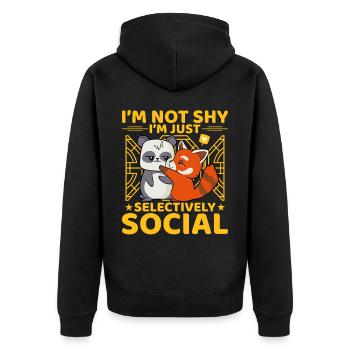I'm not shy I'm just selevtively Social - Unisex Premium Bio Zip Hoodie - Schwarz - Hinten - Nico (187cm)
