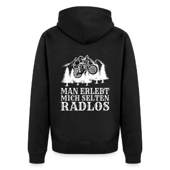 Man erlebt mich selten Radlos Fahrrad Radfahren Ra - Unisex Premium Bio Zip Hoodie - Schwarz - Hinten - Nico (187cm)
