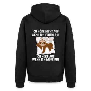 Niedliches Faultier ich höre auf wenn ich müde bin - Unisex Premium Bio Zip Hoodie - Schwarz - Hinten - Nico (187cm)