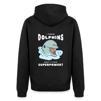 Delfin Superpower Delfintrainer - Unisex Premium Bio Zip Hoodie - Schwarz - Hinten - Nico (187cm)