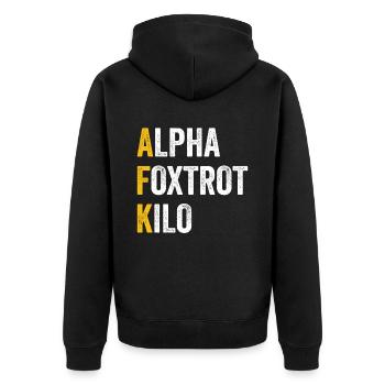 Computerchat Alpha Foxtrotti Kilo - Afk - Unisex Premium Bio Zip Hoodie - Schwarz - Hinten - Nico (187cm)