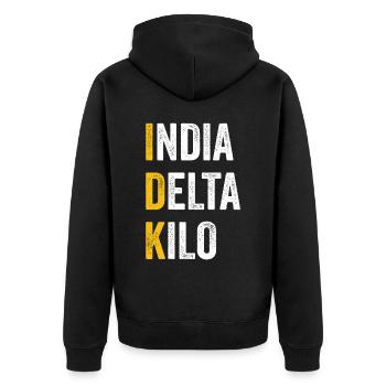 Computer-Chat India Delta Kilo - IDK - Unisex Premium Bio Zip Hoodie - Schwarz - Hinten - Nico (187cm)
