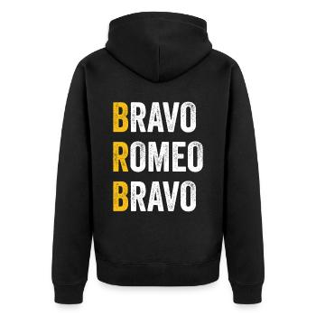 Computer-Chat Bravo Romeo Bravo - BRB - Unisex Premium Bio Zip Hoodie - Schwarz - Hinten - Nico (187cm)