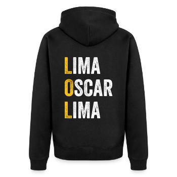 Computer-Chat Lima Oscar Lima - LOL - Unisex Premium Bio Zip Hoodie - Schwarz - Hinten - Nico (187cm)
