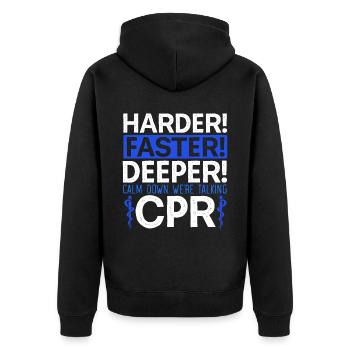 Beruhigen Sie sich Wir sprechen über CPR EMT EMS Health Care - Unisex Premium Bio Zip Hoodie - Schwarz - Hinten - Nico (187cm)