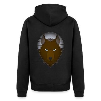Wolfskopf wildes Tier Motiv Aufdruck mit Wolf Mond - Unisex Premium Bio Zip Hoodie - Schwarz - Hinten - Nico (187cm)