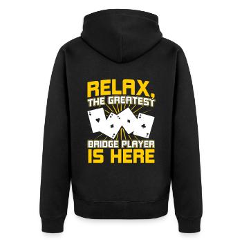 The biggest bridge player is here - Unisex Premium Organic Zip Hoodie - black - Back - Nico (187cm)