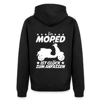 Mofa Mofafahrer Motoroller Mopet Moped - Unisex Premium Bio Zip Hoodie - Schwarz - Hinten - Nico (187cm)