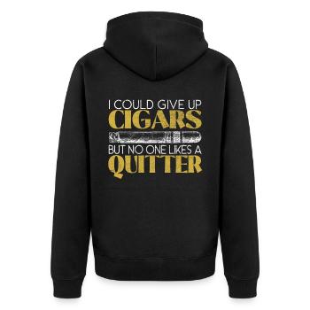 Ich könnte auf Zigarren verzichten, aber niemand mag einen Quitter - Unisex Premium Bio Zip Hoodie - Schwarz - Hinten - Nico (187cm)