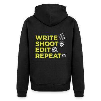 Write Shoot Edit Repeat - Filmemacher - Unisex Premium Bio Zip Hoodie - Schwarz - Hinten - Nico (187cm)