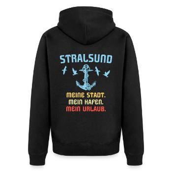 Urlaub Stralsund Sprüche - Unisex Premium Bio Zip Hoodie - Schwarz - Hinten - Nico (187cm)