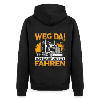 LKW Führerschein Weg Da! Ich darf jetzt Fahren LKW - Unisex Premium Bio Zip Hoodie - Schwarz - Hinten - Nico (187cm)