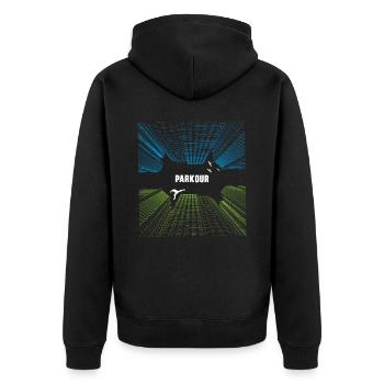 Parkour Freies Laufen Traceur Freestyle Sport - Unisex Premium Bio Zip Hoodie - Schwarz - Hinten - Nico (187cm)
