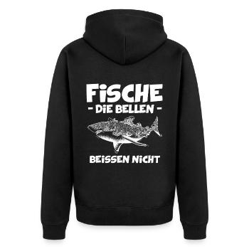 Fische die bellen beißen nicht Haifisch Angeln - Unisex Premium Bio Zip Hoodie - Schwarz - Hinten - Nico (187cm)