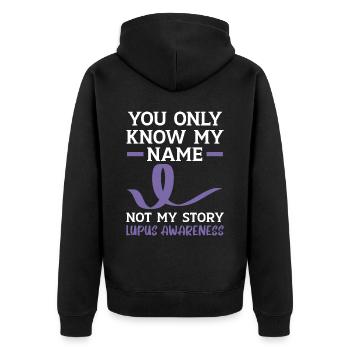 Vous ne connaissez que mon nom pas mon histoire Lupus Conscience - Veste à capuche bio Premium Unisexe - noir - Dos - Nico (187cm)