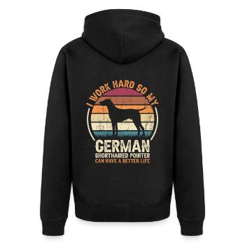 Travail acharné - Retro German Pointer - Veste à capuche bio Premium Unisexe - noir - Dos - Nico (187cm)