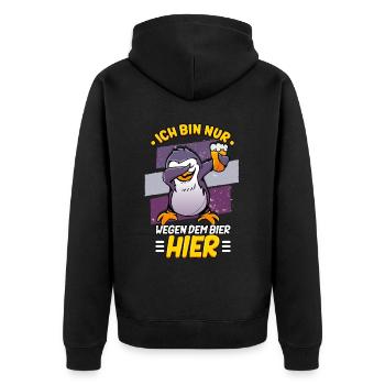 Ich bin nur wegen dem Bier hier Bier - Unisex Premium Bio Zip Hoodie - Schwarz - Hinten - Nico (187cm)