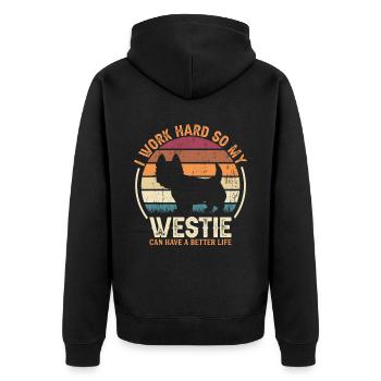 Work Hard - Retro Westie - Unisex Premium Organic Zip Hoodie - black - Back - Nico (187cm)
