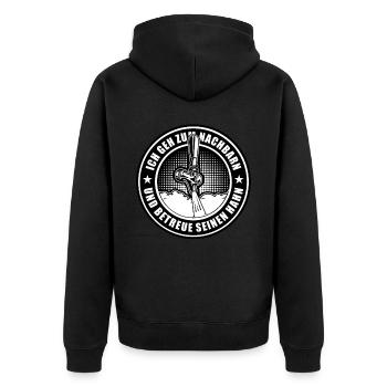 Ich Geh Zum Nachbarn und Betreue seinen Hahn Bier - Unisex Premium Bio Zip Hoodie - Schwarz - Hinten - Nico (187cm)