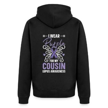 Ich trage Lila für mein Cousin Lupus Bewusstsein - Unisex Premium Bio Zip Hoodie - Schwarz - Hinten - Nico (187cm)