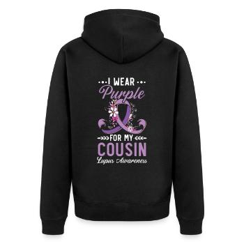 Ich trage Lila für mein Cousin Lupus Bewusstsein - Unisex Premium Bio Zip Hoodie - Schwarz - Hinten - Nico (187cm)