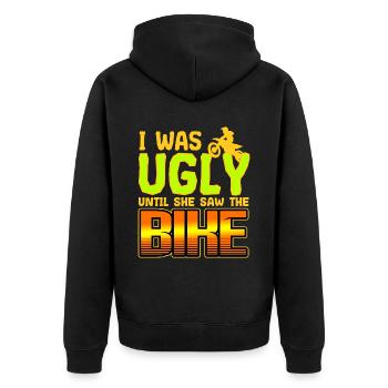 Motorbike I Was Ugly Until She Saw The Bike - Unisex Premium Organic Zip Hoodie - black - Back - Nico (187cm)