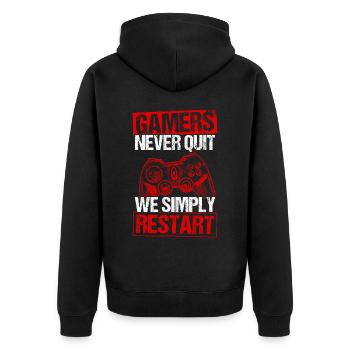 Gamers Never Quit - We Simply Restart Gaming Gamer - Unisex Premium Bio Zip Hoodie - Schwarz - Hinten - Nico (187cm)