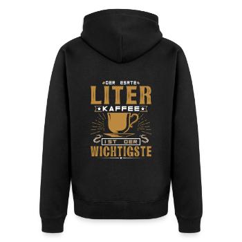 Kaffee Der erste Liter - Unisex Premium Bio Zip Hoodie - Schwarz - Hinten - Nico (187cm)