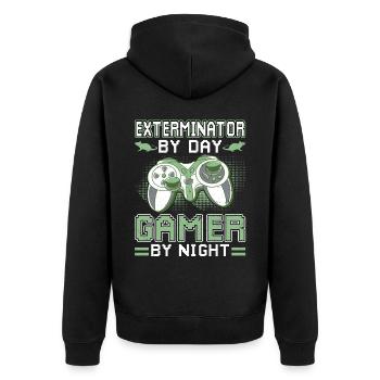 Kammerjäger Bei Tag Gamer Bei Nacht - Unisex Premium Bio Zip Hoodie - Schwarz - Hinten - Nico (187cm)