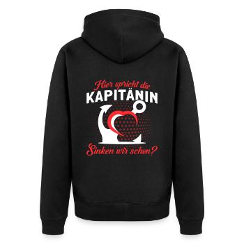 Hier Spricht Die Kapitänin Sinken Wir Schon - Unisex Premium Bio Zip Hoodie - Schwarz - Hinten - Nico (187cm)
