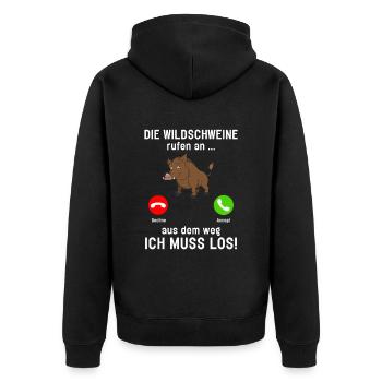 Die Wildschweine Rufen Aus Dem Weg Ich Muss Los - Unisex Premium Bio Zip Hoodie - Schwarz - Hinten - Nico (187cm)