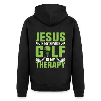 Jesus Is My Savior Golf Is My Therapy Golfspieler - Unisex Premium Bio Zip Hoodie - Schwarz - Hinten - Nico (187cm)