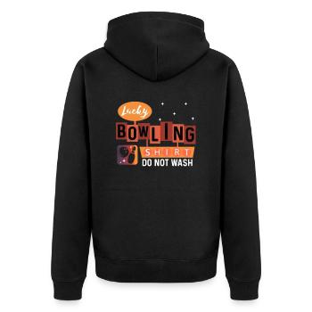 This is my Lucky Bowling Shirt - Do not wash - Unisex Premium Bio Zip Hoodie - Schwarz - Hinten - Nico (187cm)