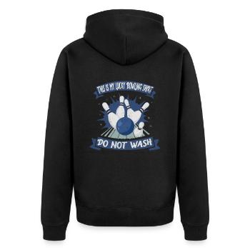 This is my Lucky Bowling Shirt - Do not wash - Unisex Premium Bio Zip Hoodie - Schwarz - Hinten - Nico (187cm)