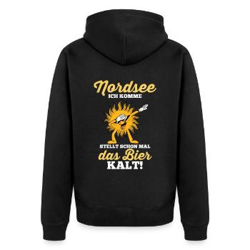 Nordsee ich komme stellt schon mal das Bier kalt - Unisex Premium Bio Zip Hoodie - Schwarz - Hinten - Nico (187cm)