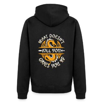 Was dich nicht umbringt, gibt dir XP - Unisex Premium Bio Zip Hoodie - Schwarz - Hinten - Nico (187cm)