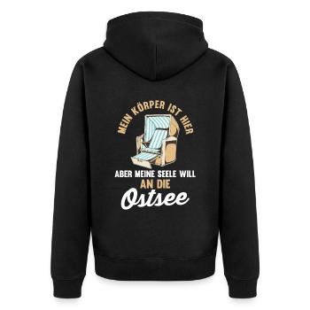 Meine Seele will an die Ostsee - Unisex Premium Bio Zip Hoodie - Schwarz - Hinten - Nico (187cm)
